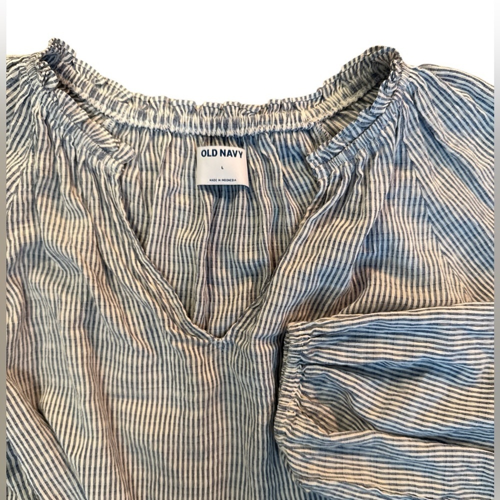 Old Navy Blue & White Striped Peasant Blouse Size Largr Boho Off Shoulder Top - Picture 8 of 8
